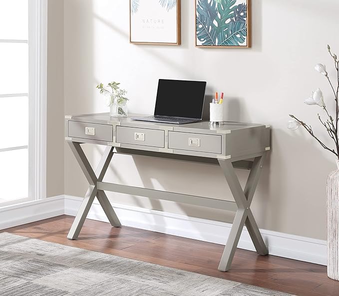 OSP Home Furnishings Wellington 46-Inch Writing Desk with Power Hub and 3 Storage Drawers, Grey - LeafyLoom