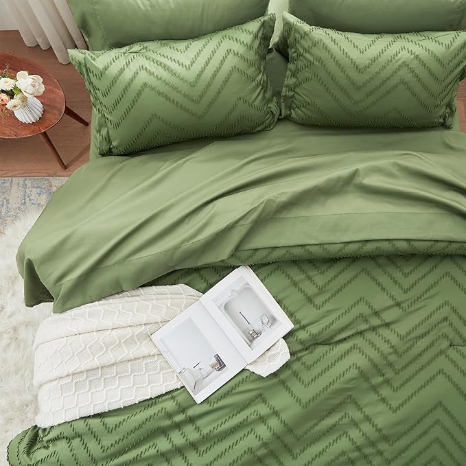 Anluoer Queen Comforter Set, Olive Green Tufted Bed in a Bag 7 Pieces with comforters and sheets, All Season Bedding Sets with 1 Comforter, 2 PillowShams, 2 Pillowcases, 1 Flat Sheet, 1 Fitted Sheet - LeafyLoom