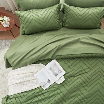 Anluoer Queen Comforter Set, Olive Green Tufted Bed in a Bag 7 Pieces with comforters and sheets, All Season Bedding Sets with 1 Comforter, 2 PillowShams, 2 Pillowcases, 1 Flat Sheet, 1 Fitted Sheet - LeafyLoom