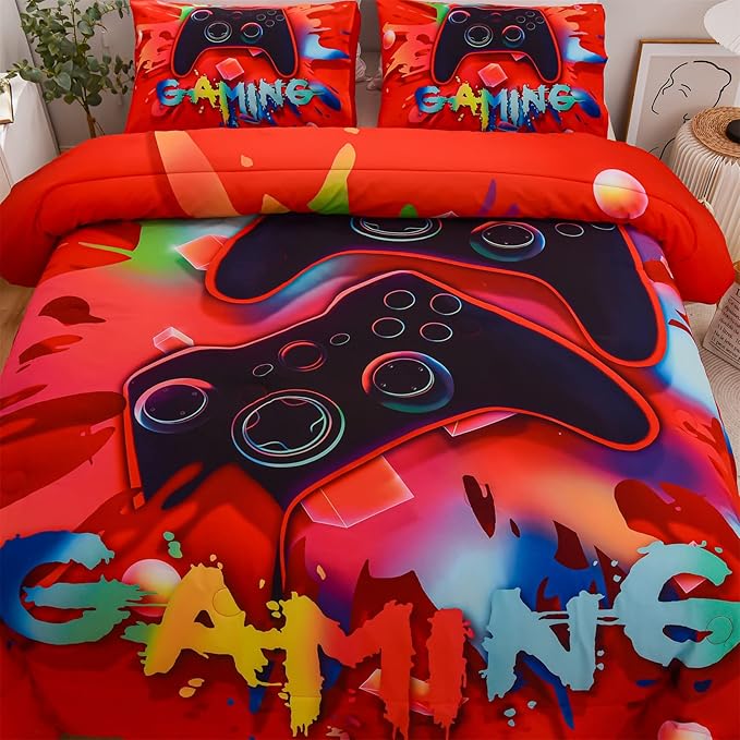 Aimuan Gaming Comforter Sets for Boys Kids Bedding Sets Video Games Console Action Buttons Novelty Colorful Game Gamepad Controller Modern Gamer Room Decor Home Quilt Set (Twin, Red) - LeafyLoom