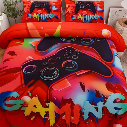 Aimuan Gaming Comforter Sets for Boys Kids Bedding Sets Video Games Console Action Buttons Novelty Colorful Game Gamepad Controller Modern Gamer Room Decor Home Quilt Set (Queen, Red) - LeafyLoom