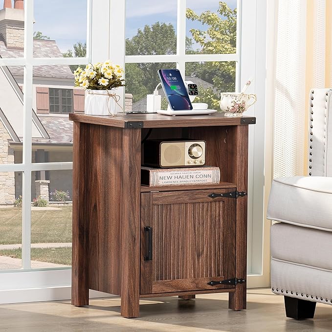 Night Stand Set of 2, 18 Inch Farmhouse Nightstand with with Charging Station and USB Port, Rustic Wood Bedside Table with Magnetic Door, Bed Side Tables for Bedroom, Brown Walnut - LeafyLoom