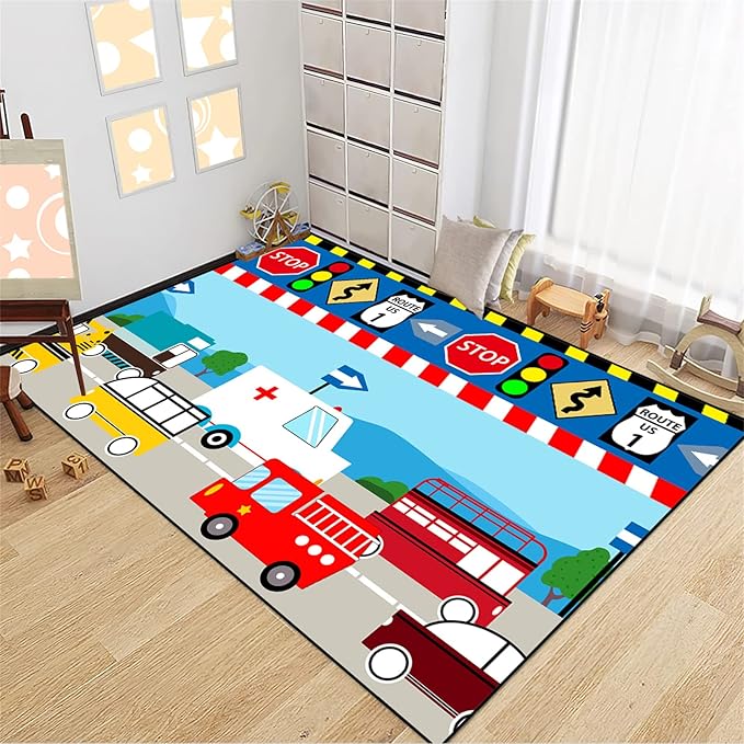 Cartoon Ambulance Car Area Rug Car Carpet for Kids Play Rug for Cars and Trucks Car Rug Play Mat Car Track Rug Truck Rugs for Boys Room Rugs for Boys Bedroom,Light Blue 3'×4' - LeafyLoom