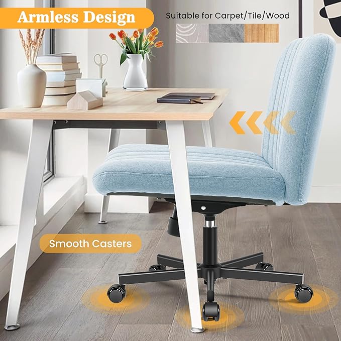 Armless Office Chair with Wheels, Wide Seat Fabric Desk Chair, Height Adjustable Cross Legged Computer Chair for Home Office, Swivel Modern Accent Chair Light Blue - LeafyLoom