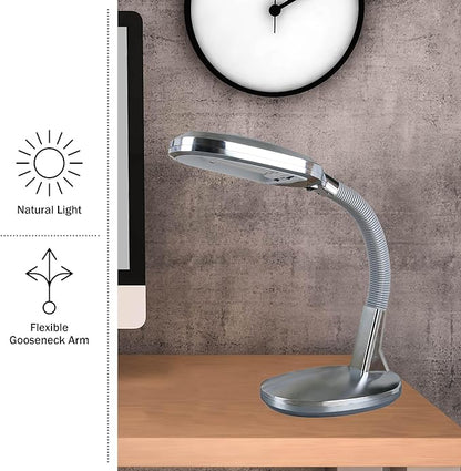 Lavish Home Desk Lamp - Natural Sunlight Lamp with Adjustable Gooseneck - Reading Light for Working, Crafting, Sewing, or Homework (Silver) - LeafyLoom