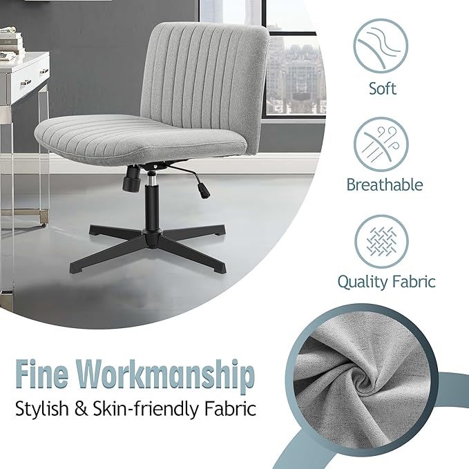 Armless Office Chair no Wheels, Ergonomic Wide Seat Swivel Desk Chair, Height Adjustable Cross Legged Comfortable Computer Chair for Living Room, Vanity Accent Chair LightGray - LeafyLoom