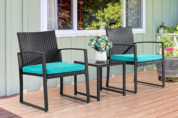 Shintenchi 3 Pieces Outdoor Patio Furniture Set, Modern Wicker Bistro Set, Conversation Rattan Chair of 2 with Coffee Table for Yard Porch Poolside Lawn(Blue Cushion) - LeafyLoom