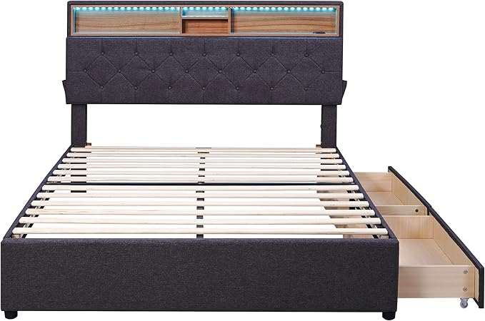 Full Size Bed Frame with LED Headboard, USB Charging, Upholstered Platform Bed with Storage Drawers and Headboard, No Box Spring Needed, Dark Gray - LeafyLoom