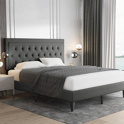 Allewie King Size Platform Bed Frame/Fabric Upholstered Bed Frame with Diamond Button Tufted Headboard/Adjustable Headboard/Wood Slat Support/Mattress Foundation/Dark Grey (King) - LeafyLoom