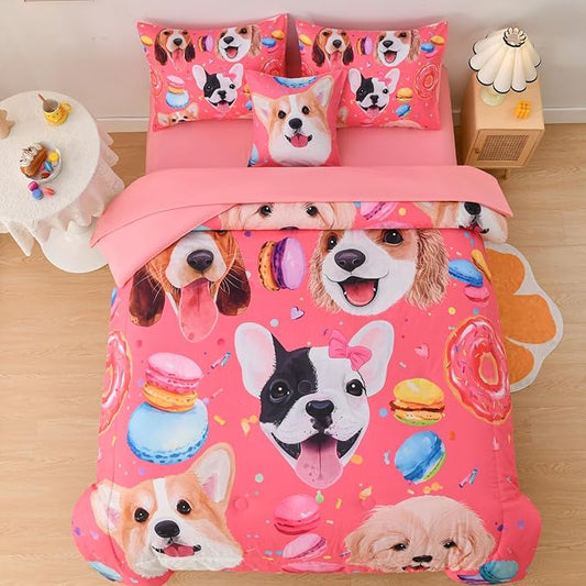 DORCAS Pink Girls Bedding Sets Full with Comforter and Sheets Cute Dog Comforter Set Full Girls,6 Pieces Animal Bedding Sets Full with Sheets for Kids - LeafyLoom