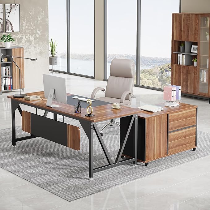 70.8" Executive Desk with 35.4" File Cabinet, L-Shaped Computer Desk, Wood Office Desk for Home Office - LeafyLoom