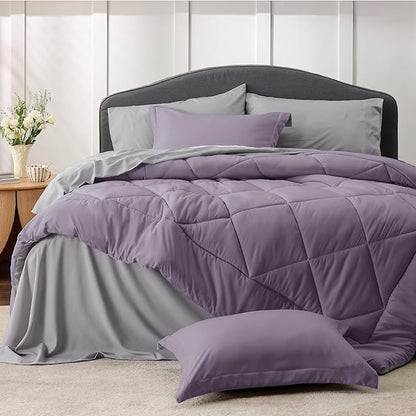 Bedsure Grayish Purple California King Size Comforter Set - 7 Pieces Reversible Cal King Bed in a Bag, Cal King Grayish Purple and Grey Bed Set with Comforters, Sheets, Pillowcases & Shams - LeafyLoom