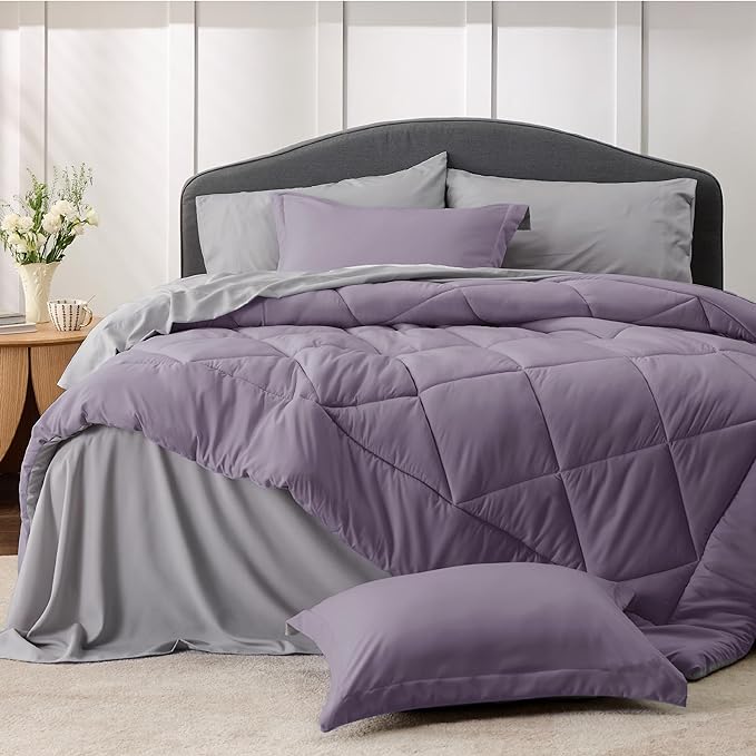 Bedsure Grayish Purple Full Size Comforter Set - 7 Pieces Reversible Full Bed in a Bag, Full Bed Set Grayish Purple and Grey with Comforters, Sheets, Pillowcases & Shams - LeafyLoom