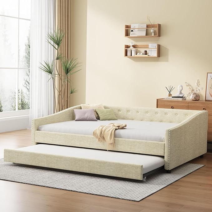 Full Size Daybed with Trundle Upholstered Day Bed frame with Button Tufted Backrest and Nailhead Decorated Armrest for Living Room Bedroom,No Box Spring Needed,Beige - LeafyLoom