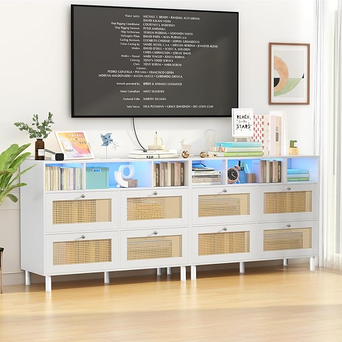 Sideboard Buffet Cabinet, Kitchen Storage Cabinet with Power Outlet & Led Lights, Accent Cabinet with 4 Rattan Doors, White - LeafyLoom