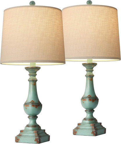 PORTRES 24.5" Rustic Table Lamp Set of 2 for Living Room Farmhouse Bedside Nightstand Lamps for Bedroom Kids Room Study Room Office Rustic Table Lamps Resin Green - LeafyLoom