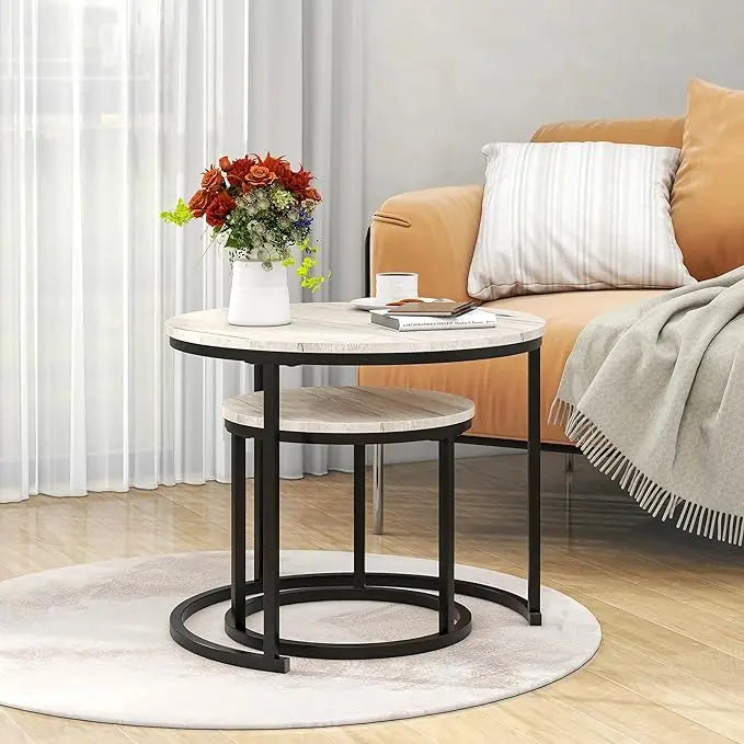 Round Coffee Table Set of 2 for Living Room,Black Small Coffee Table Living Room Table,Nesting Tables Metal Frame/Wood,Sturdy and Easy Assembly,Stacking Side Tables Bedroom,White Oak - LeafyLoom