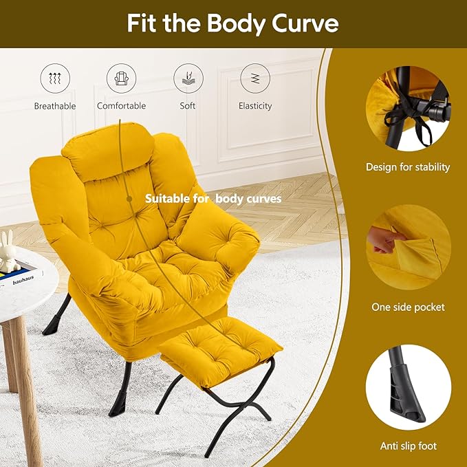 Lazy Chair with Folding Ottoman Modern Large Accent Chair,Contemporary Lounge Leisure Sofa Chair with Armrests Upholstered Sofa Armchair Reading Chair for Bedroom,Dorm & Office,Yellow - LeafyLoom