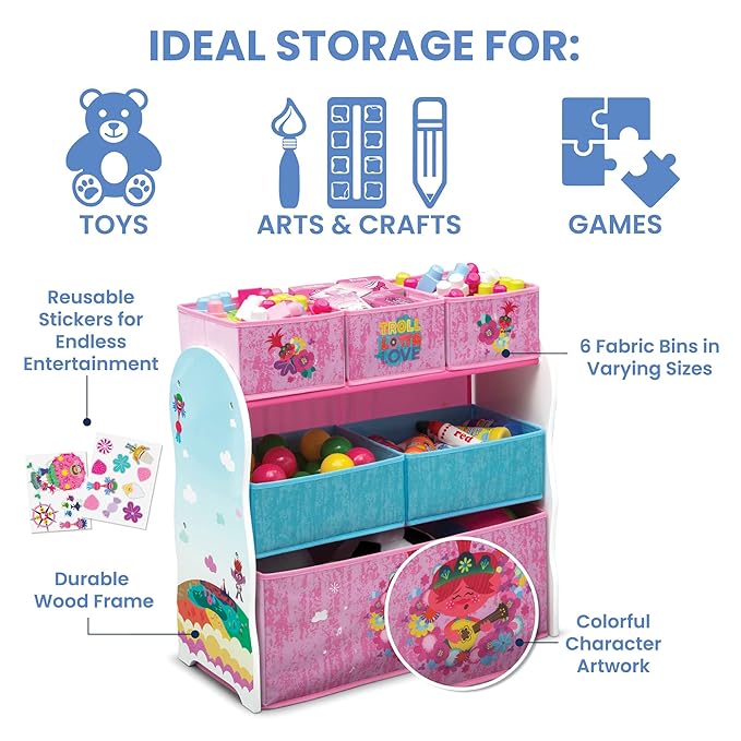 Delta Children Design and Store 6 Bin Toy Storage Organizer, Trolls World Tour - LeafyLoom