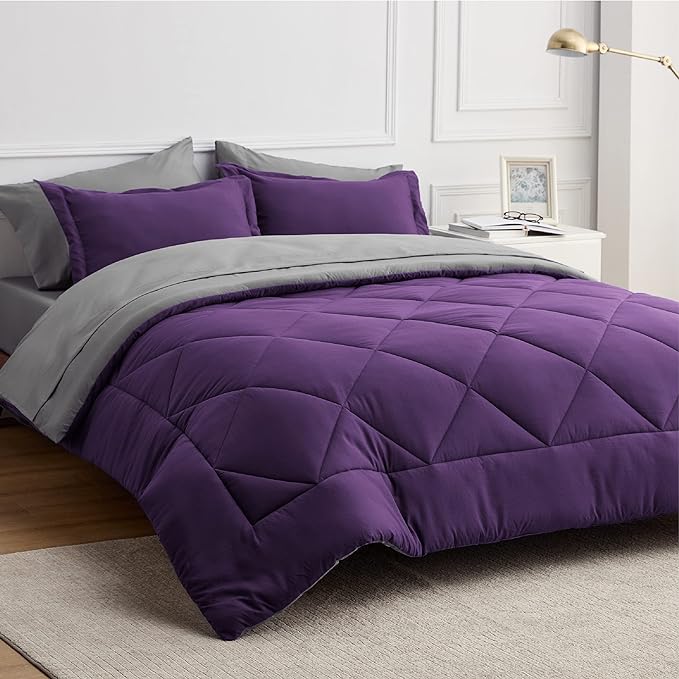 Bedsure Purple California King Comforter Set - 7 Pieces Reversible Bed Set Bed in a Bag California King with Comforters, Sheets, Pillowcases & Shams, California King Bedding Sets - LeafyLoom