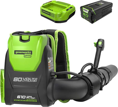 Greenworks 80V (180 MPH / 610 CFM / 75+ Compatible Tools) Cordless Brushless Backpack Blower, 5.0Ah Battery and Rapid Charger Included - LeafyLoom