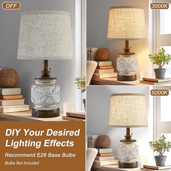 19.5" Farmhouse Bedside Table Lamps Set of 2 Rustic Lamps for Nightstand Bedroom with USB Ports Vintage Traditional White Carved Floral Night Light Lamps for Living Room End Tables Decor - LeafyLoom