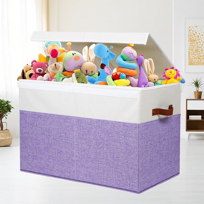 Large Toy Storage Box with Lid, Sturdy Toys Storage Chest Bin Organizer Basket with Dividers for Kids, Boys, Girls, Nursery, Closet, Bedroom, Playroom 25"x13" x16" (Purple and White) - LeafyLoom