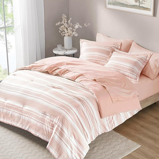 Codi Pink and White Queen Comforter Set with Sheets, Bed in a Bag for Women, 7 Piece Complete Bedding Sets with 1 Striped Comforter, 2 Pillow Shams, Flat Sheet, Fitted Sheet and 2 Pillowcases - LeafyLoom