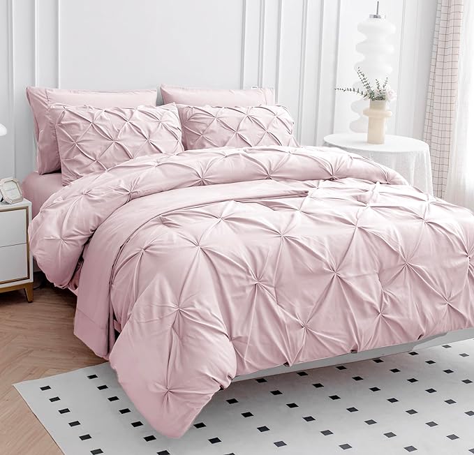 LANE LINEN Twin Comforter Set for Girls, 5 Piece Twin Size Bed in a Bag Sets, Pintuck Bedding Sets & Collections with Pink Comforter, Sheets, Pillowcases & Shams, Soft Twin Bedding Set - Sepia Rose - LeafyLoom