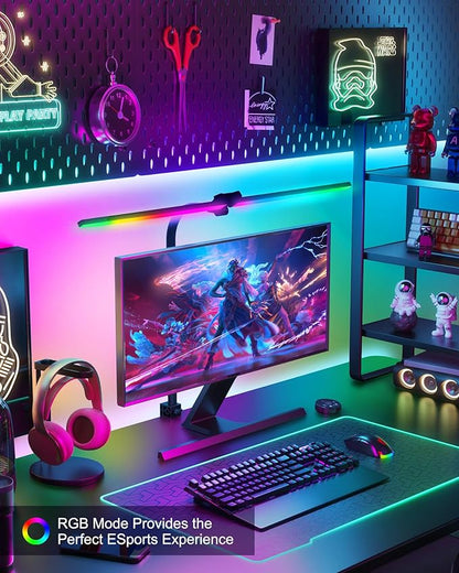 Brightown LED Desk Lamp with Clamp for Home Office, Double Head Color Changing Desk Lights with Remote, 24W Ultra Bright Multicolor Table Lamp with Rotatable Swing Arms for Gaming Computer, RGB Mode - LeafyLoom