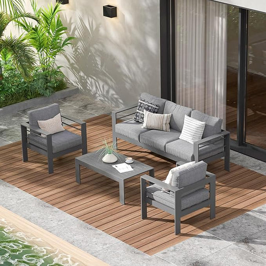 Wisteria Lane Aluminum Outdoor Patio Furniture Set, Modern Patio Conversation Sets, Outdoor Sectional Metal Sofa with 5 Inch Cushion and Coffee Table for Balcony, Garden, Dark Grey - LeafyLoom