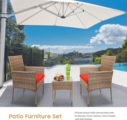 YIYAN 3 Pieces Patio Bistro Set Outdoor Wicker Furniture Outdoor Porch PE Rattan Wicker Chairs Furniture Sets with Sofa Chairs,Glass Coffee Table and Red Washable Cushion - LeafyLoom