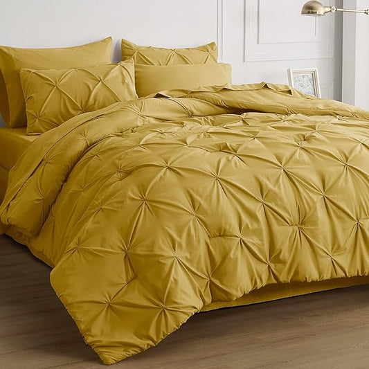 Bedsure Twin Comforter Set with Sheets - 5 Pieces Twin Bedding Sets, Pinch Pleat Mustard Yellow Twin Bed in a Bag with Comforter, Sheets, Pillowcase & Sham - LeafyLoom