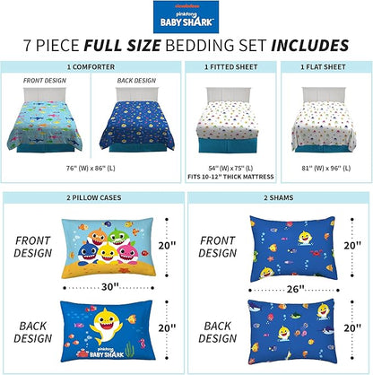 Franco Kids Bedding Super Soft Comforter and Sheet Set with Sham, 7 Piece Full Size, Baby Shark - LeafyLoom