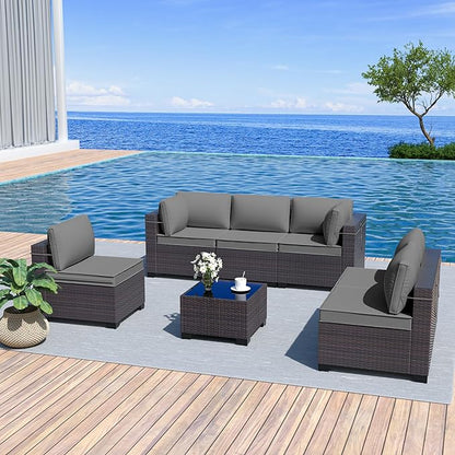 Outdoor Furniture Set 7PCS Patio Furniture for Backyard Wicker Sectional Sofa Set 6 Seats, PE Rattan Outdoor Conversation Set with Thickened Cushions and Glass Coffee Table, Grey - LeafyLoom