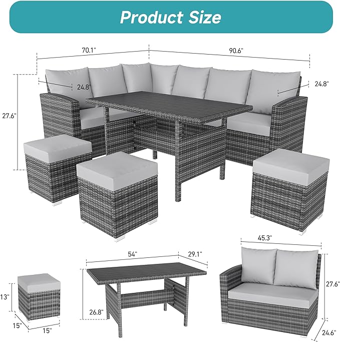 IDEALHOUSE 7 Pieces Outdoor Dining Set,Patio Sectional Sofa Conversation Set All Weather Wicker Rattan Couch Dining Table & Chair with Ottoman Grey - LeafyLoom