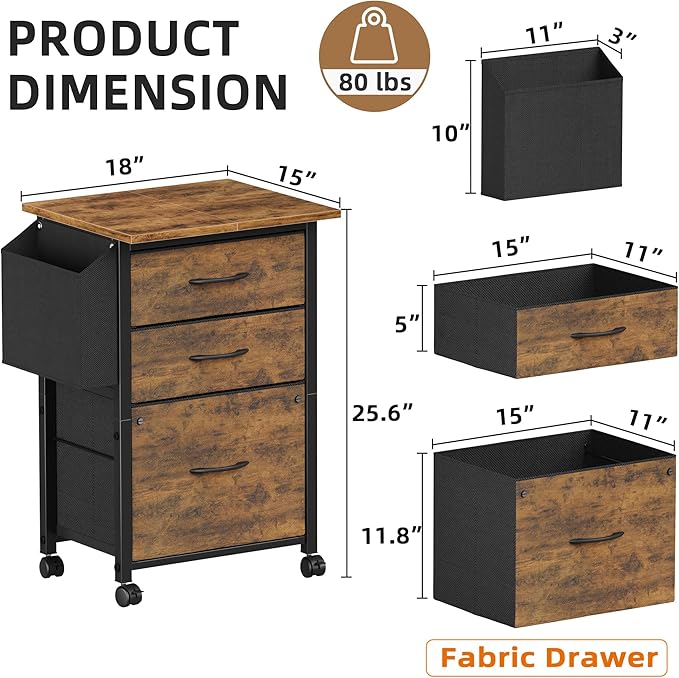 3 Drawer File Cabinet with 18'' Extended Board, Fabric Drawer, Mobile Filing Cabinet Fits A4/Letter Size Files, Rolling Printer Stand with Storage Bag, File Cabinet Home Office, Rustic Brown - LeafyLoom