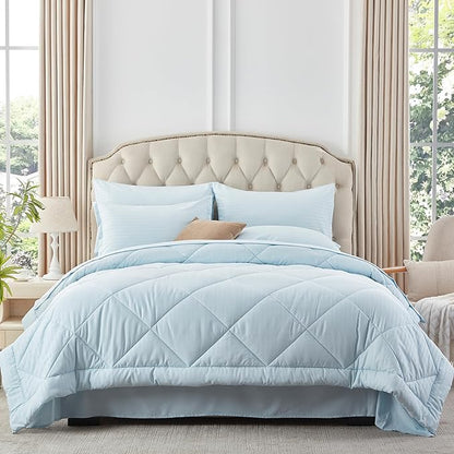 NexHome Light Blue King Bed in a Bag 7-Pieces Comforter Sets with Comforter and Sheets Soft All Season Bedding Sets with Comforter, Pillow Shams, Flat Sheet, Fitted Sheet and Pillowcases - LeafyLoom