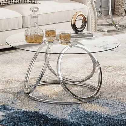 O&K FURNITURE Round Coffee Table, Modern Silver Coffee Table Living Room Table with Ring-Shaped Frames, Glass Coffee Table for Home&Office, Chrome Finish, 1 PC - LeafyLoom