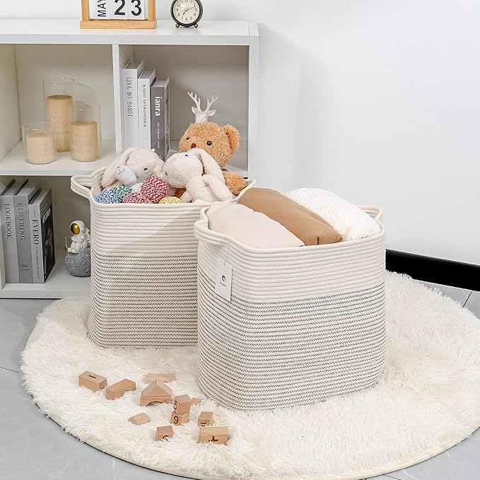 Hampers for Bins Large Blanket Basket,Storage Basket Rectangle Woven Baskets for Storage, Nursery Cotton Rope Basket Living Room, Toy Basket For Organizing, With Handle Dirty Clothes Basket - LeafyLoom