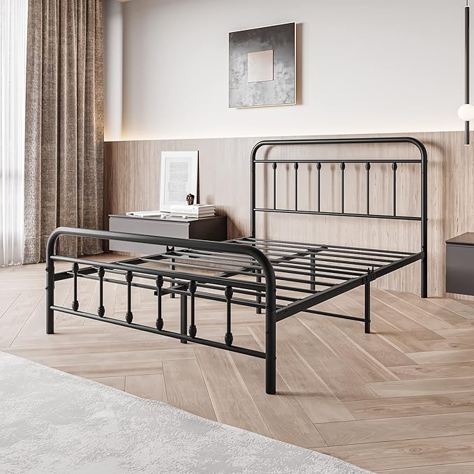 Vintage Full Size Bed Frame with Headboard and Footboard Mattress Heavy Duty Metal Platform, Steel Slat Support (Full, Black Sanded) - LeafyLoom