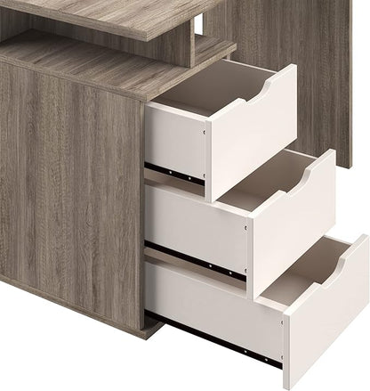 Lavish Home Contemporary Desk with Attached 3-Drawer File Cabinet for Home Office, Bedroom, Computer, or Craft Table, 43-Inch Long, White and Natural - LeafyLoom