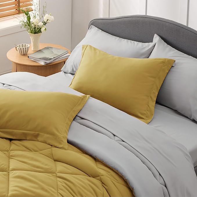 Bedsure Mustard Yellow Full Size Comforter Set - 7 Pieces Reversible Full Bed in a Bag, Full Bed Set Mustard Yellow and Grey with Comforters, Sheets, Pillowcases & Shams - LeafyLoom