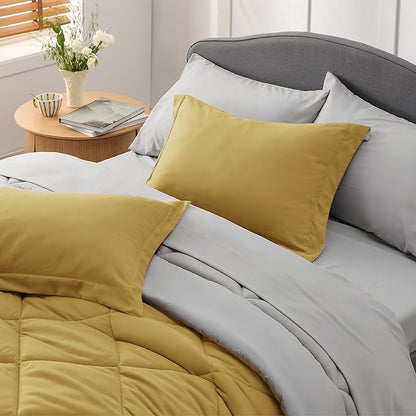 Bedsure Mustard Yellow Twin Comforter Set - 5 Pieces Reversible Twin Bed in a Bag for College, Extra Long Twin Bed Set Mustard Yellow and Grey with Comforters, Sheets, Pillowcase & Sham - LeafyLoom