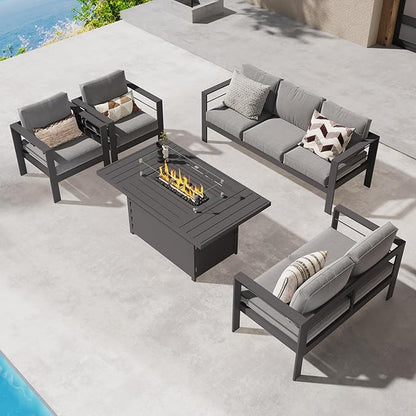 Wisteria Lane 5 Piece Aluminum Outdoor Patio Furniture Set with 54 Inch Propane Gas Fire Pit Table, Modern Patio Conversation Sets with Outdoor Sectional Couch for Backyard, Garden, Dark Grey - LeafyLoom