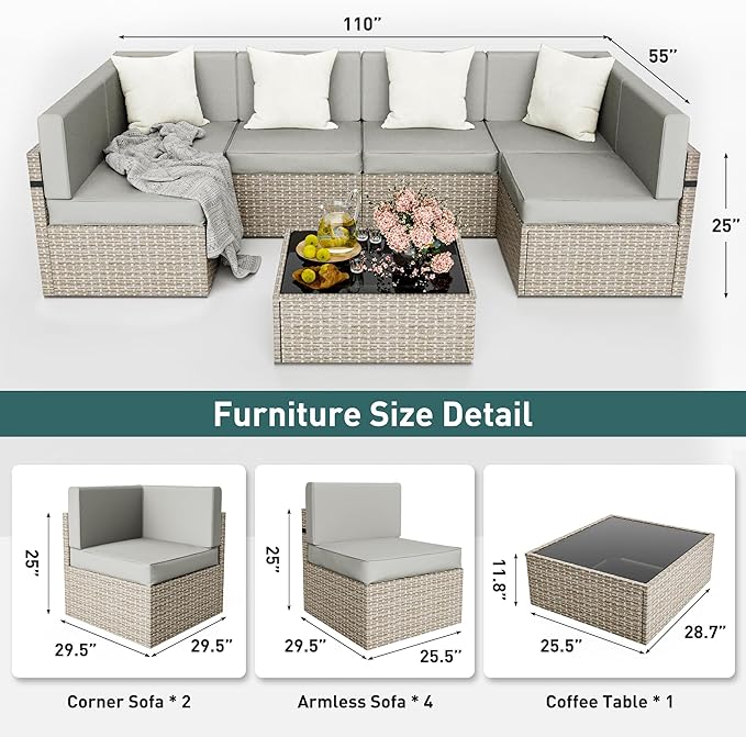 Pamapic Patio Furniture Set, 7 Pieces Modular Outdoor Sectional,Wicker Patio Sectional Sofa Conversation Set, Rattan Sofa with Coffee Table and Washable Cushions Covers, Grey Rattan(Grey Cushions) - LeafyLoom