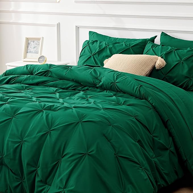 Bedsure California King Comforter Set - Cal King Bed Set 7 Pieces, Pinch Pleat Dark Green Cali King Bedding Set with Comforter, Sheets, Pillowcases & Shams - LeafyLoom