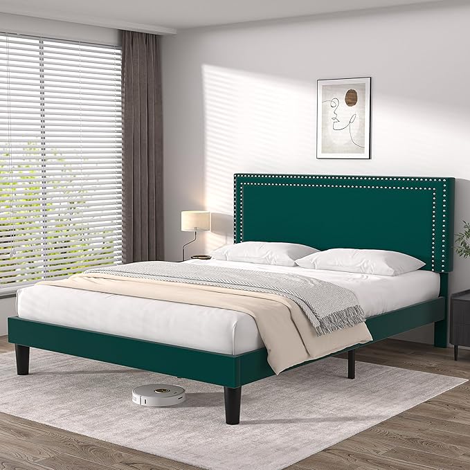 VECELO Full Size Platform Bed Frame with Height Adjustable Upholstered Headboard, Modern Mattress Foundation,Strong Wood Slat Support, No Box Spring Needed, Easy Assembly - LeafyLoom