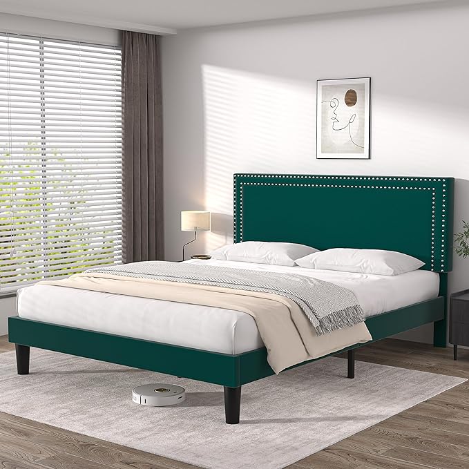 VECELO Queen Size Platform Bed Frame with Height Adjustable Upholstered Headboard, Modern Mattress Foundation,Strong Wood Slat Support, No Box Spring Needed, Easy Assembly - LeafyLoom