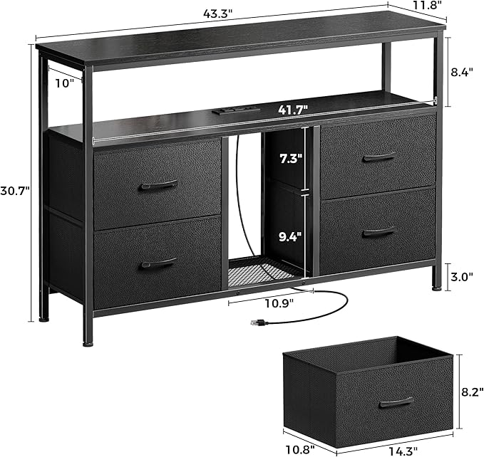 TV Stand Dresser with Power Outlets and LED Lights, 4 Drawers Entertainment Center with Open Shelf, Media Console for 50 43 Inch TV, Dresser with PU Finish, Black - LeafyLoom